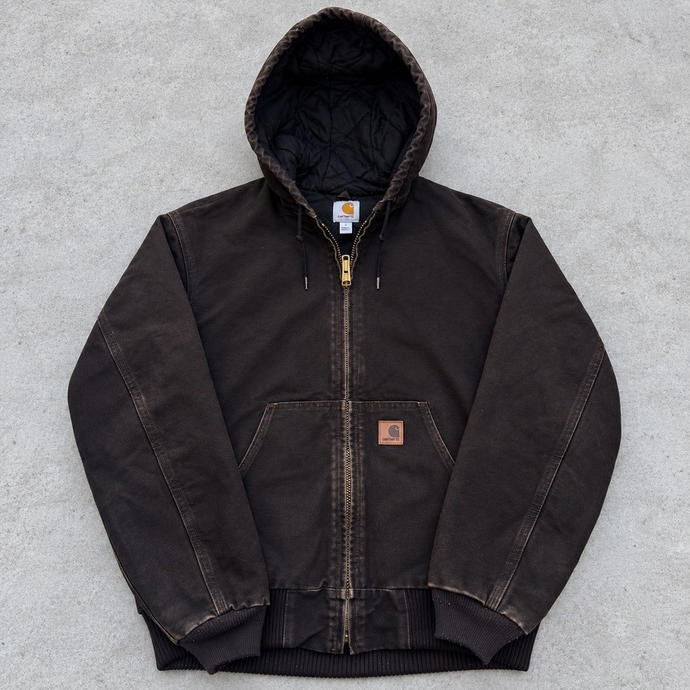 Vintage Carhartt J130 DKB Dark Brown Duck Canvas Hooded Jacket Size Small